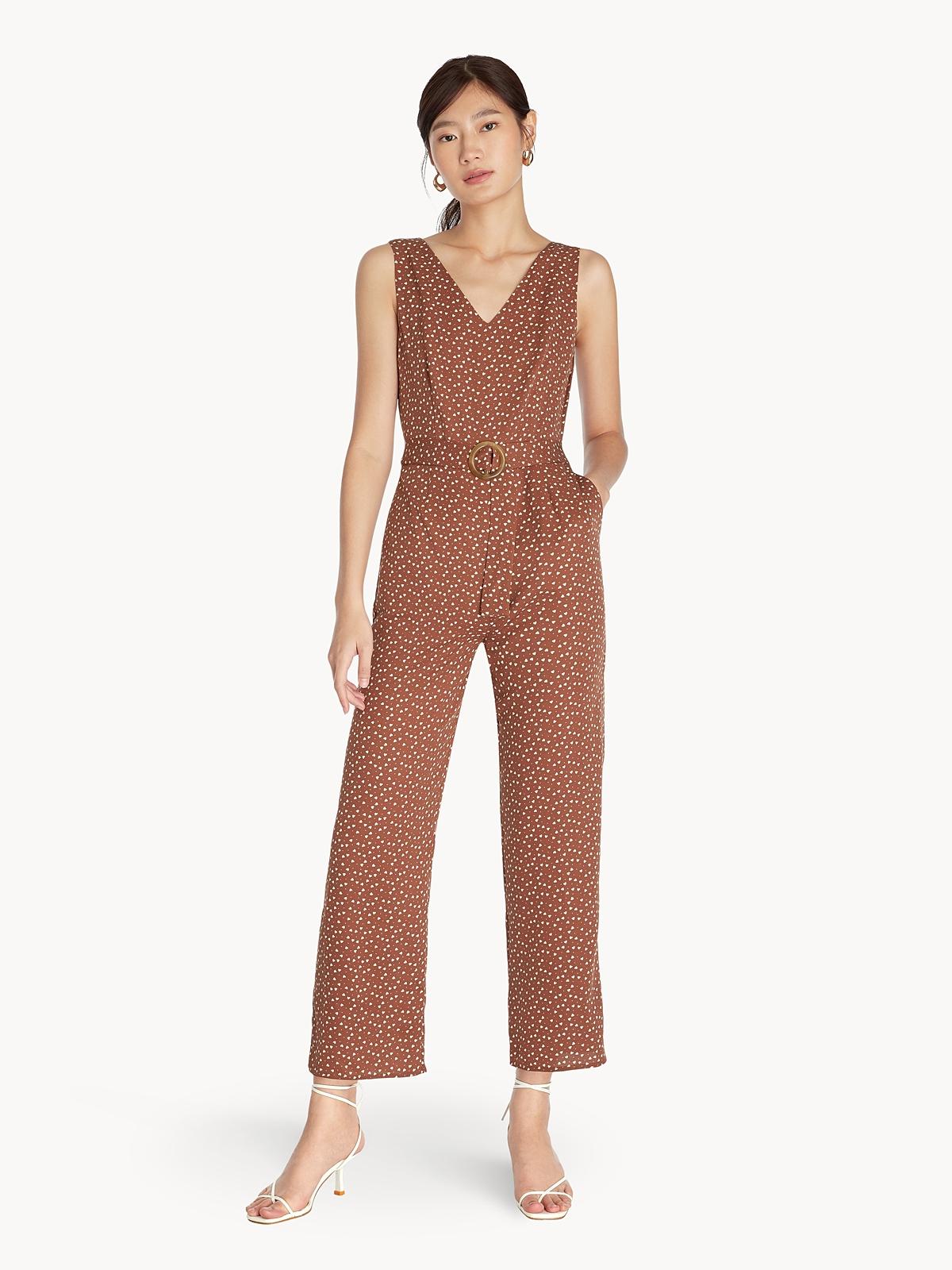 Heart Print Belted Jumpsuit - Brown