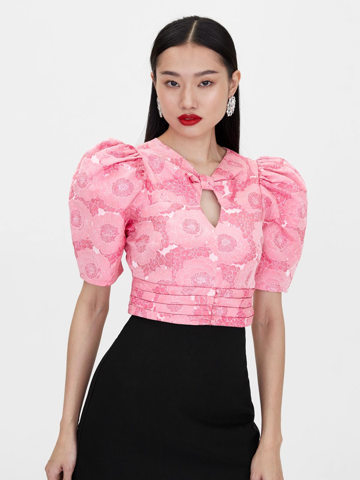 Puffed Sleeve Floral Brocade Blouse - Pink