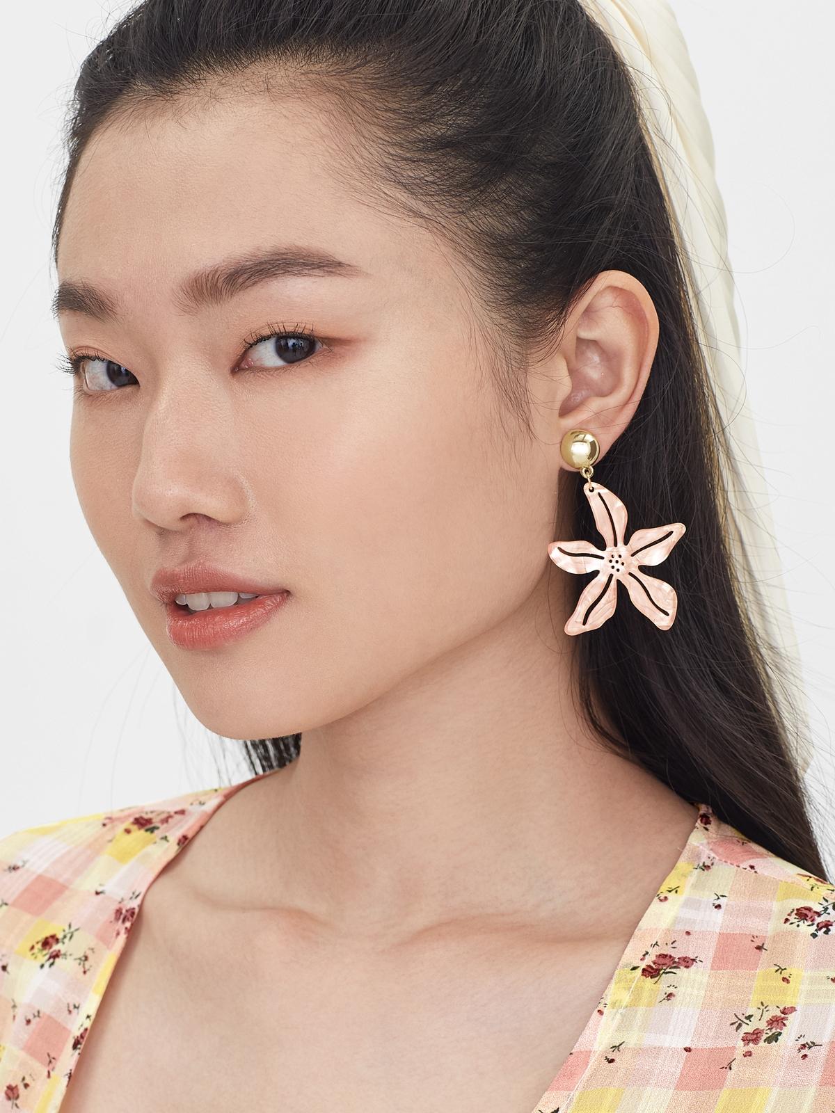 Pearl Abstract Flower Shaped Drop Earrings - Pink