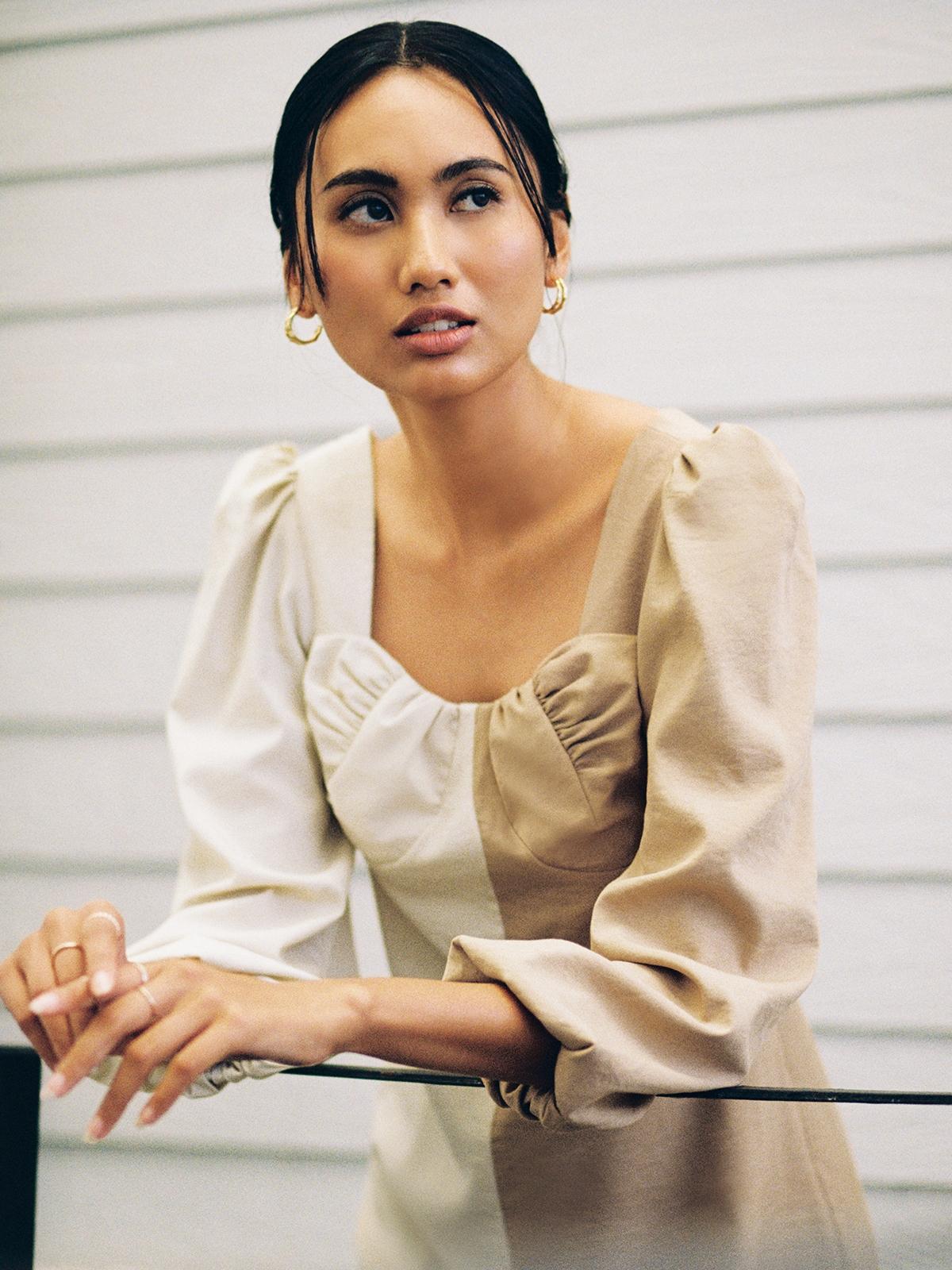 Two Tone Puffed Sleeves Dress - Beige