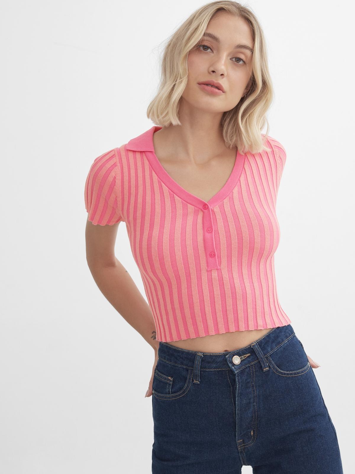 Striped Knit Polo Top - Pink