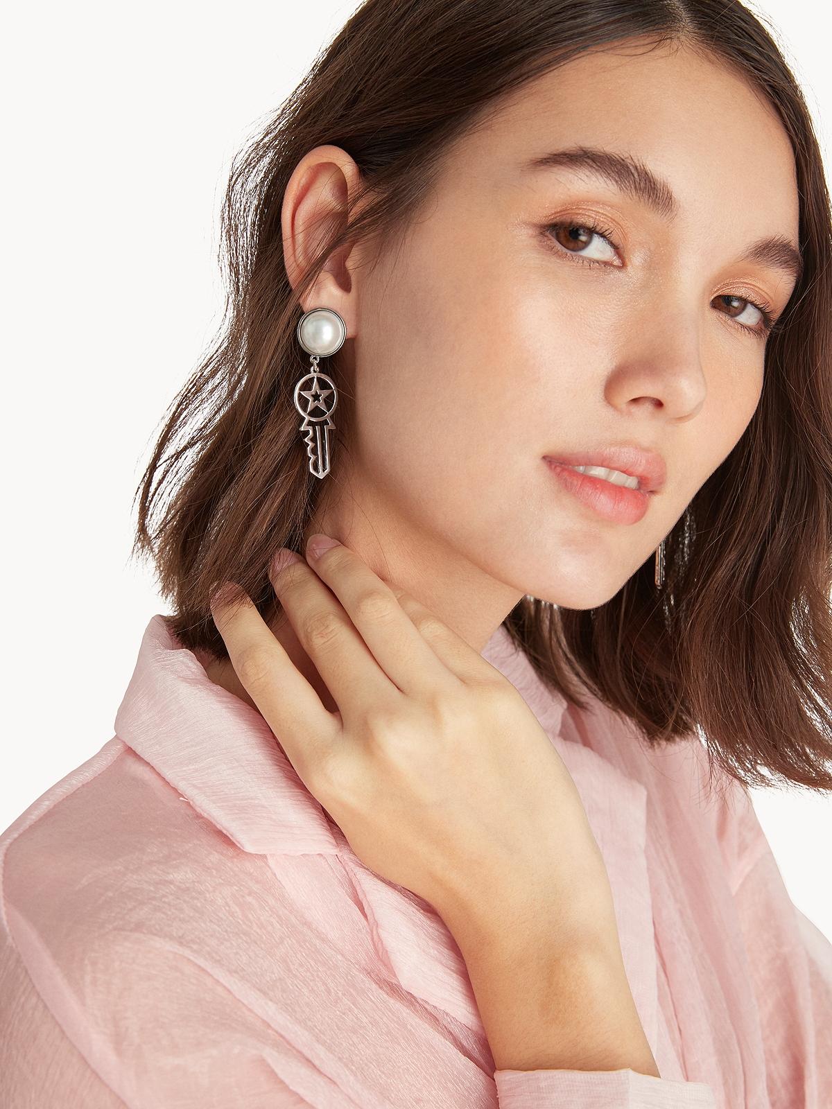 Key Star Shaped Drop Earrings - Silver