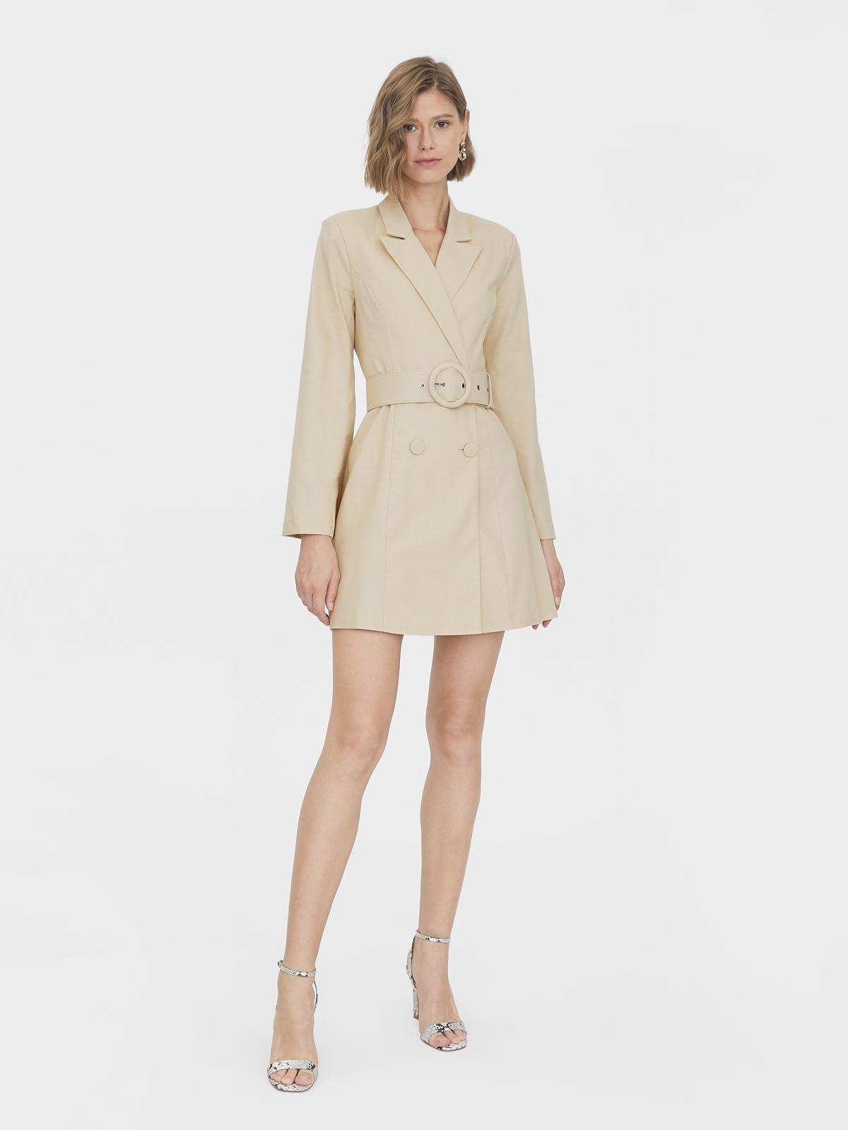 Bell Sleeve Belted Blazer Dress - Beige