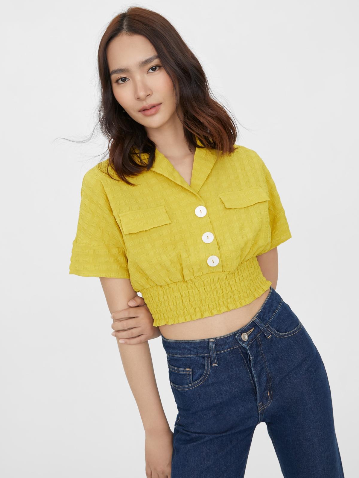 Cinched Crop Top Shirt - Yellow