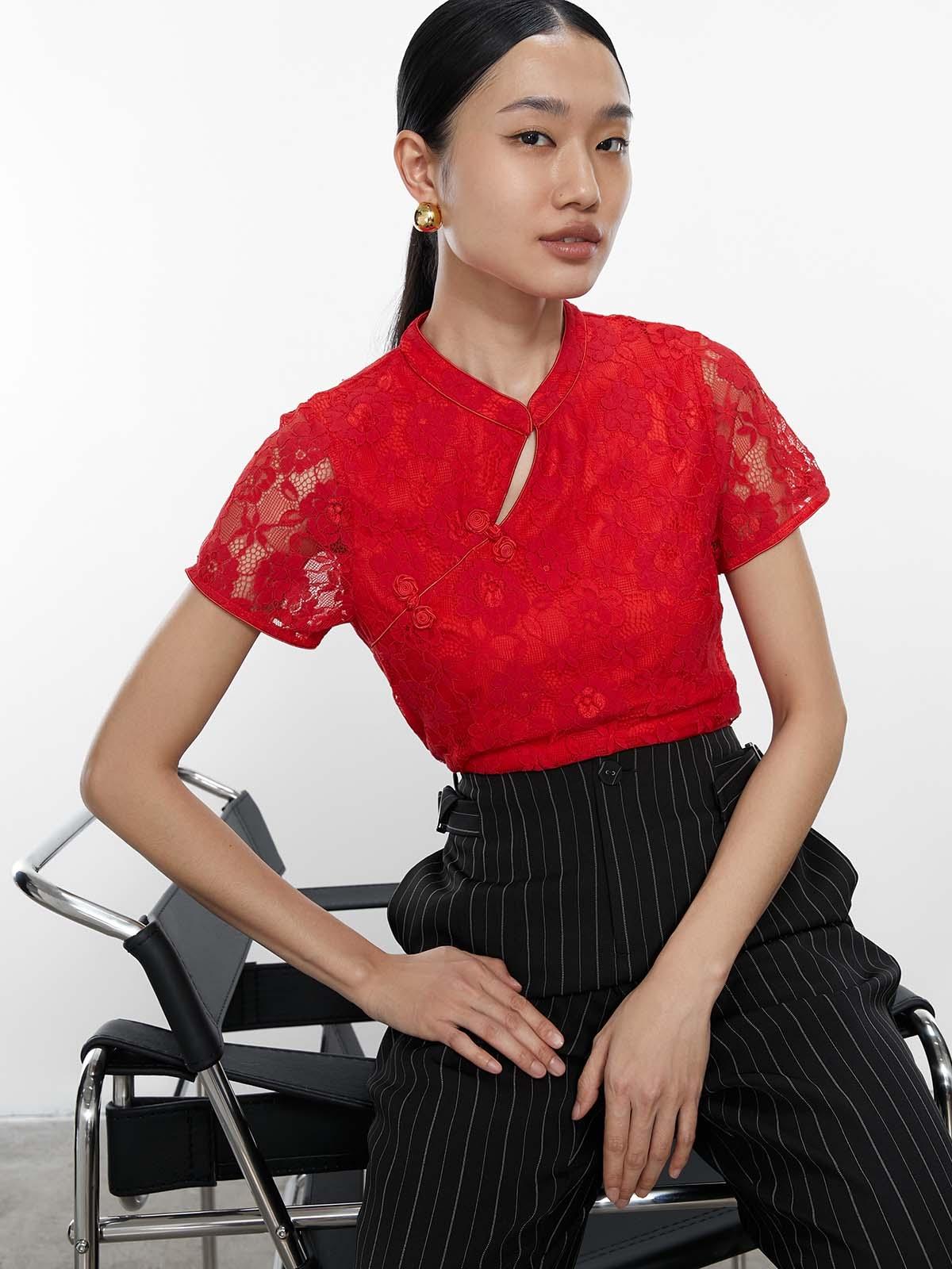 Cut Out Detail Mandarin Collar Crop Top - Red