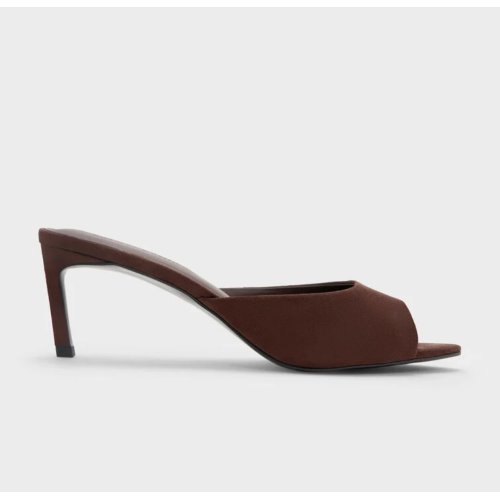 Faux Suede Pointed Peep-Toe Heeled Mules - Dark Brown