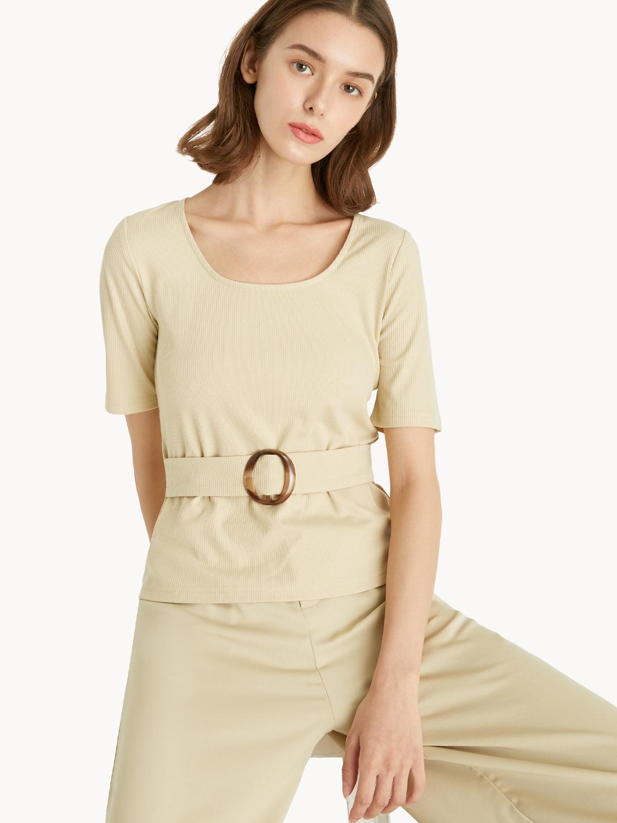 Belted U Neck Top - Beige