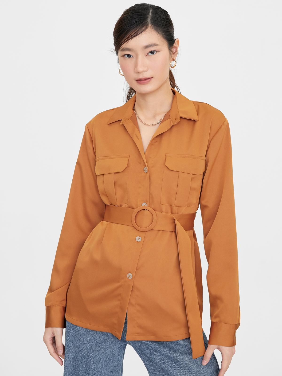 Button Up Belted Long Sleeve Shirt - Brown