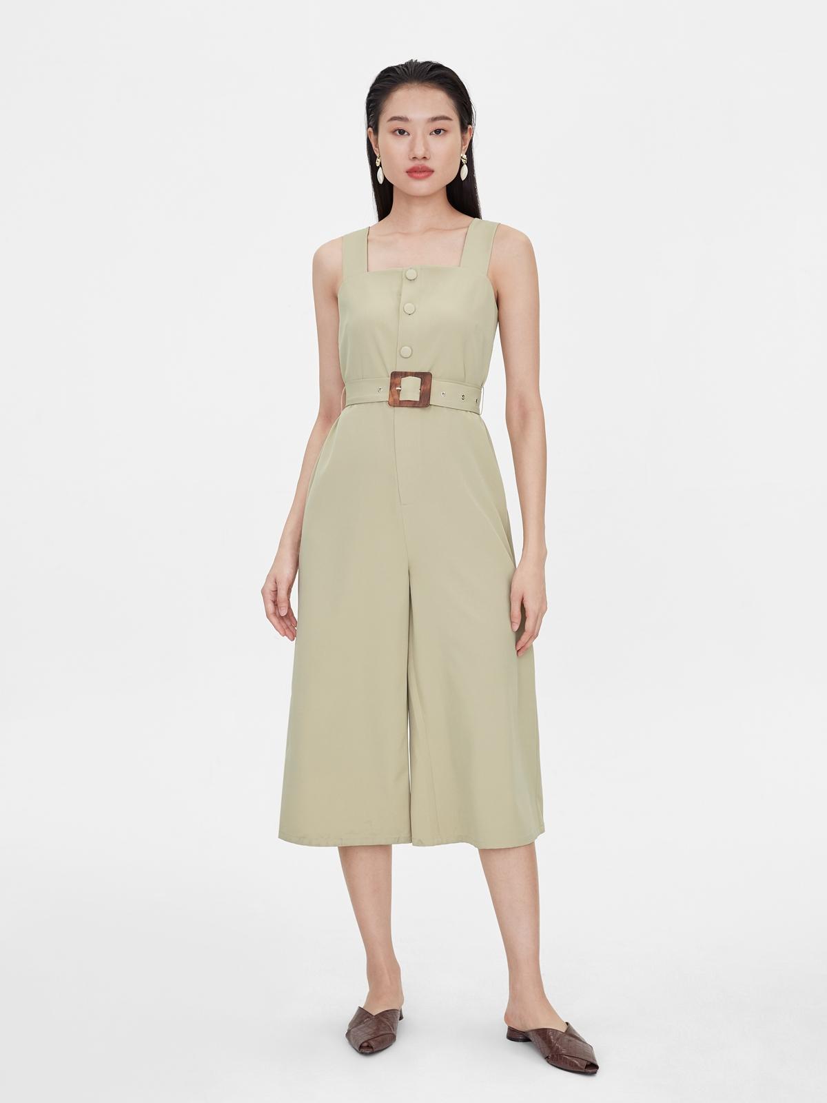 Square Buckle Belt Wide Leg Jumpsuit - Khaki