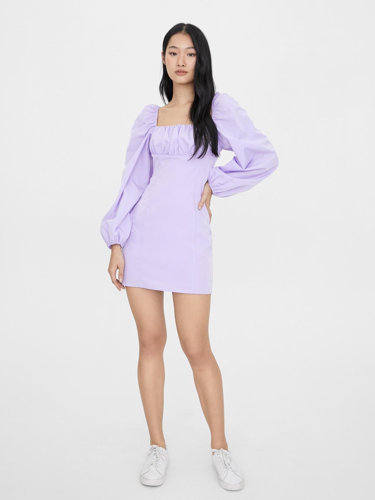 Puffed Sleeves Square Neck Dress - Purple