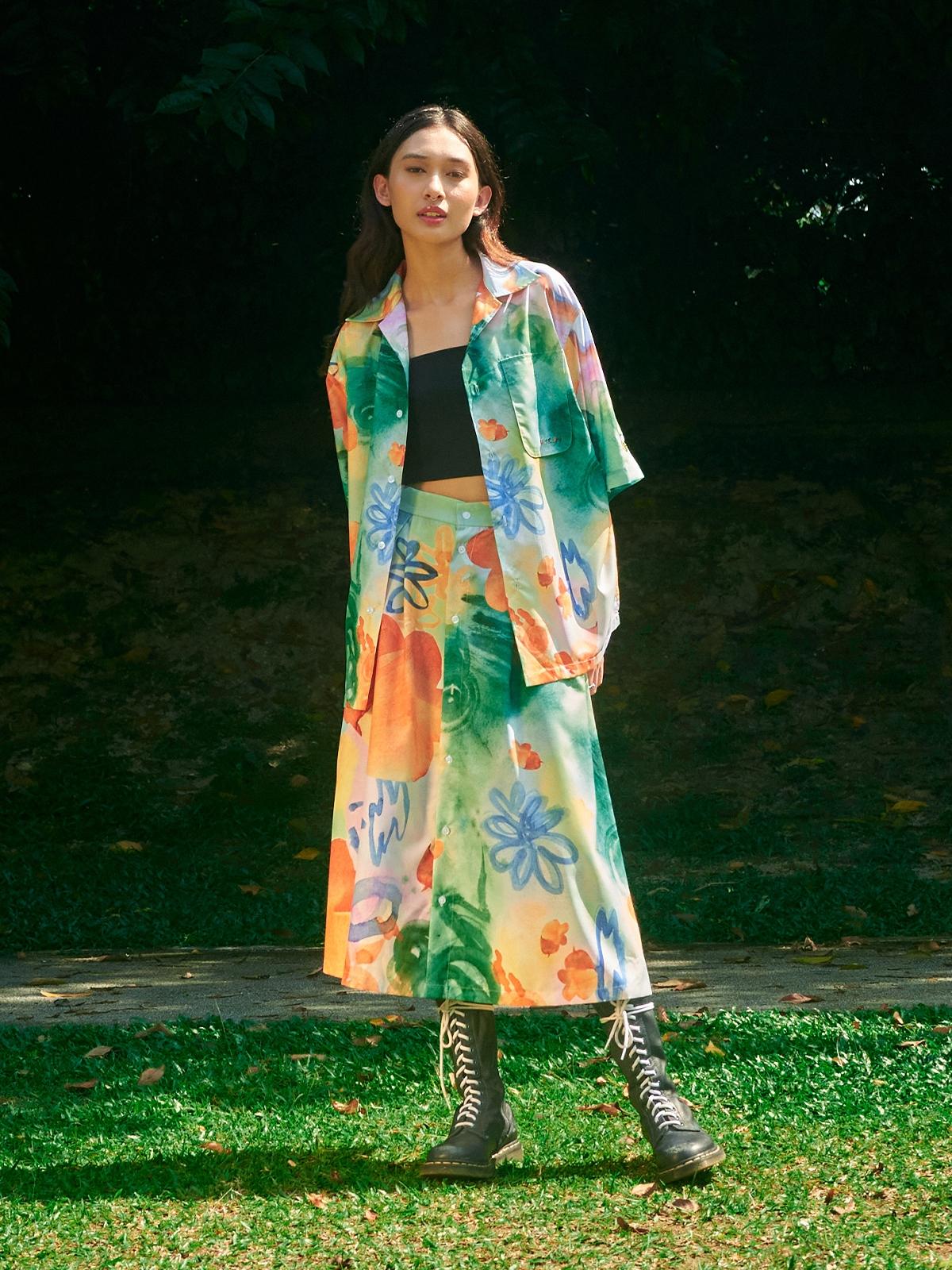 Orange Floral Shirt Skirt Set - Multi Color