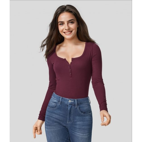 Ribbed Henley Neck Long Sleeve Slim Casual Top