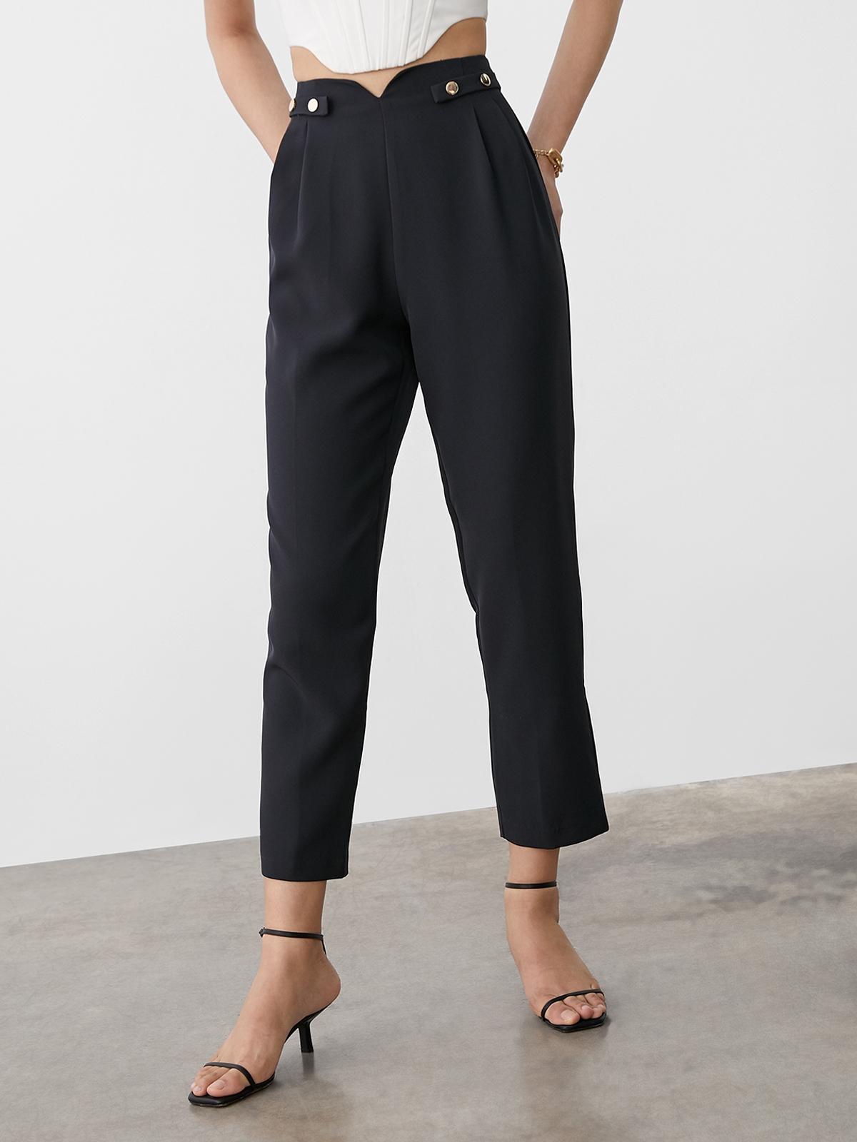 High-Waisted Regular Fit Pants - Black