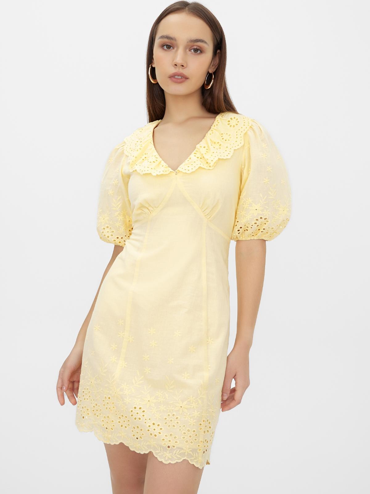 Puffed Sleeve Eyelet Dress - Yellow