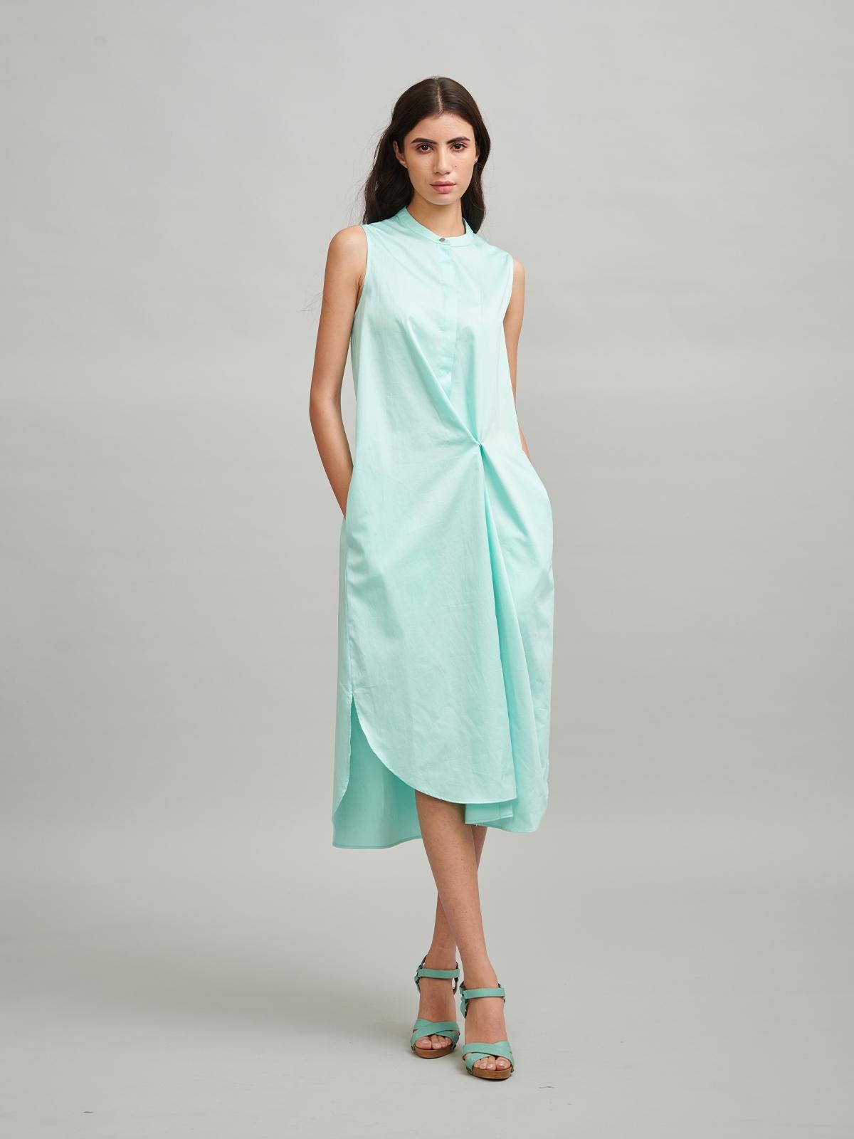 Button Pleat Midi Dress - Blue