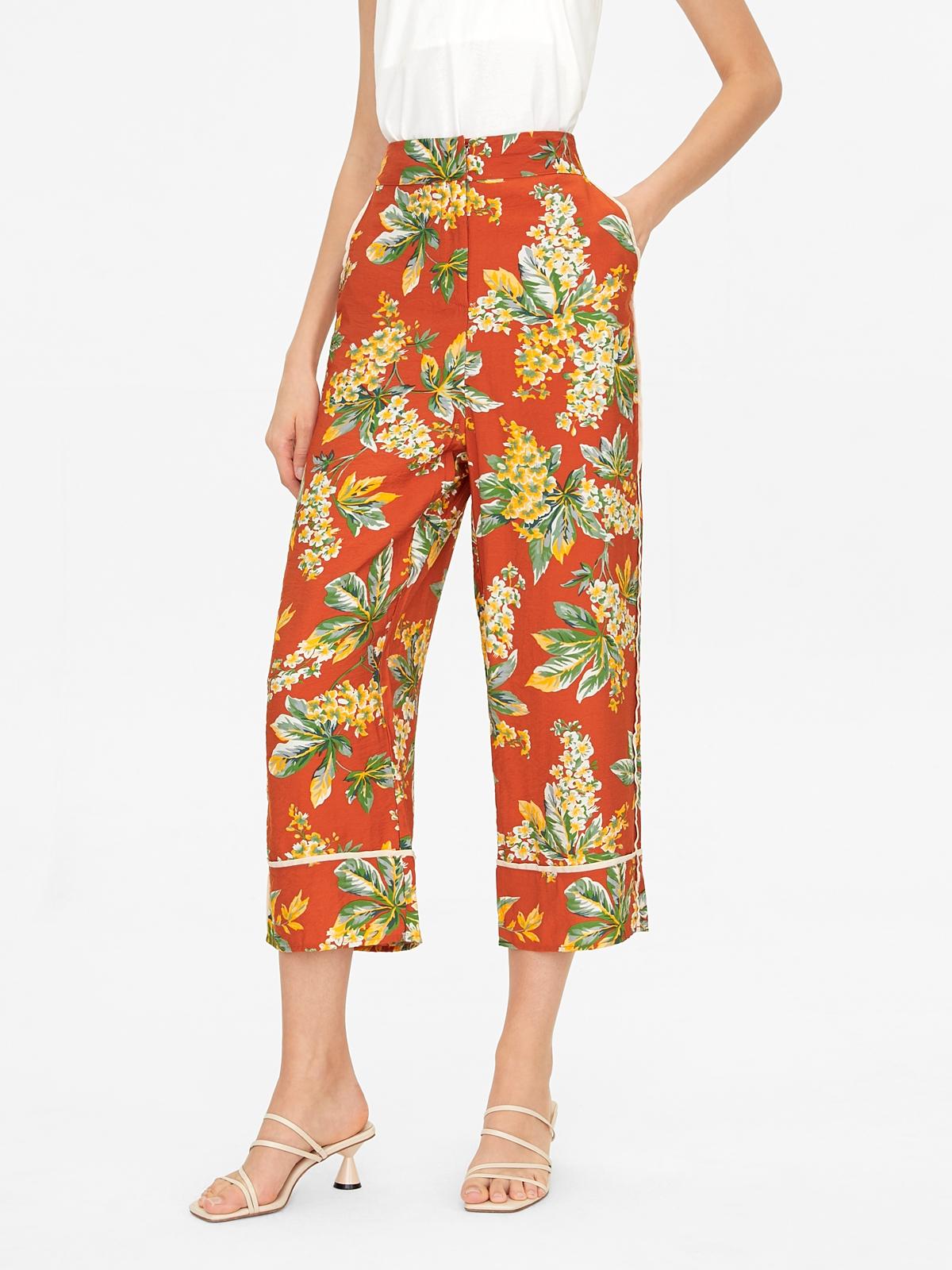 Contrast Seam Floral Pants - Orange