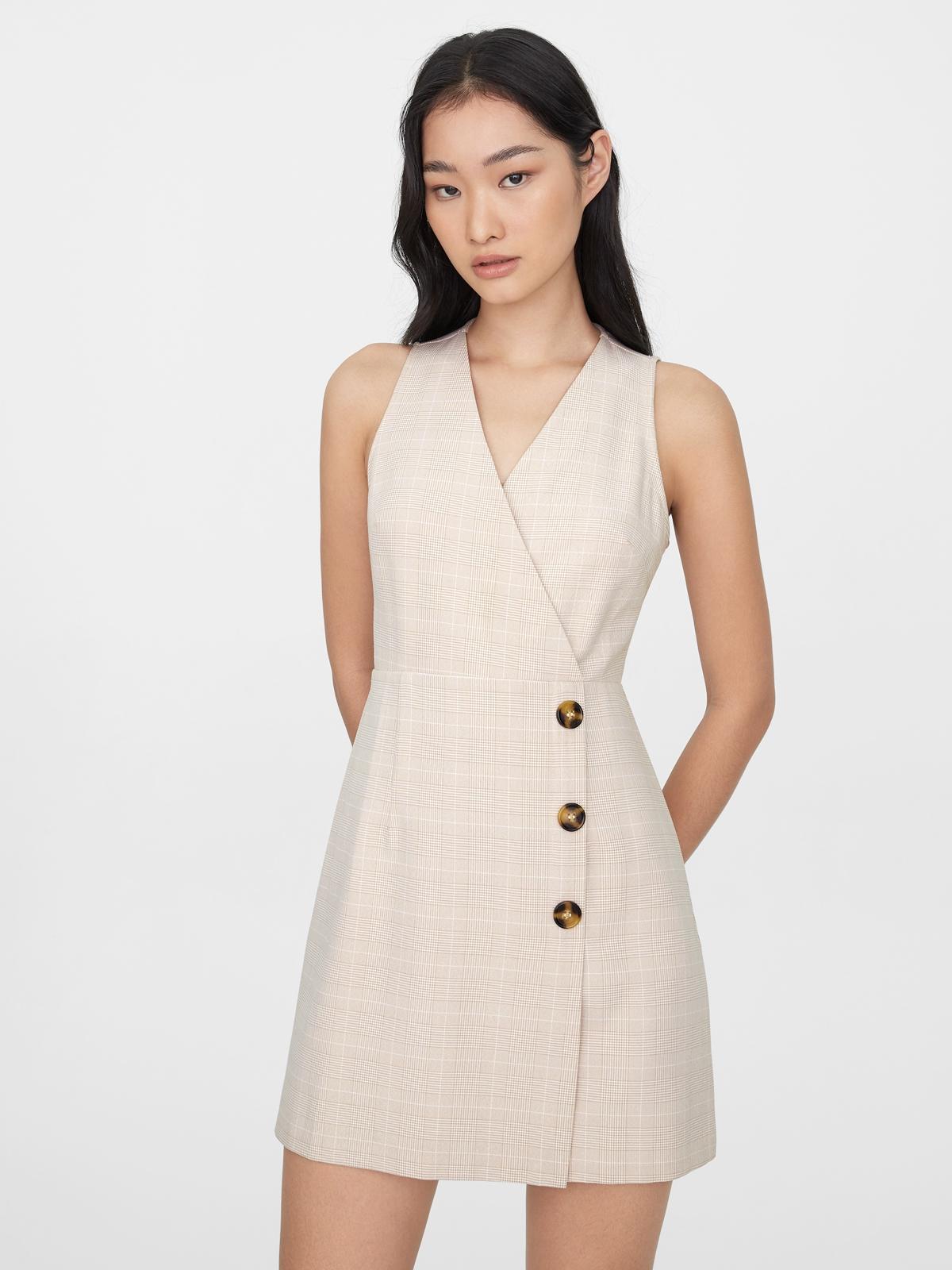 Surplice Side Button Plaid Dress - Beige
