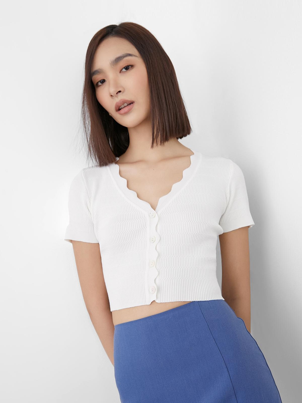 Cropped Lettuce-Edge Detail Top - White