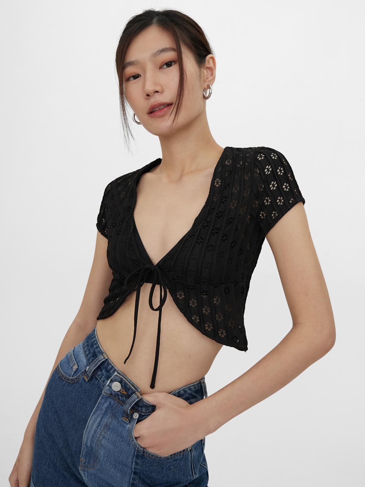 Eyelet Tie Front Crop Top - Black