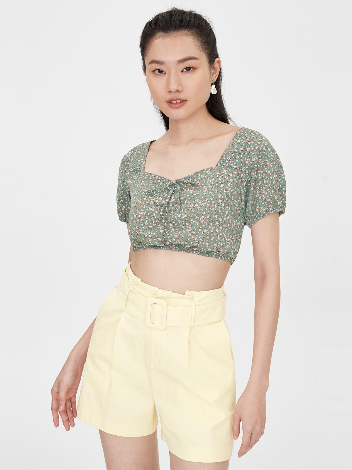 Sweetheart Ruched Floral Crop Top - Green