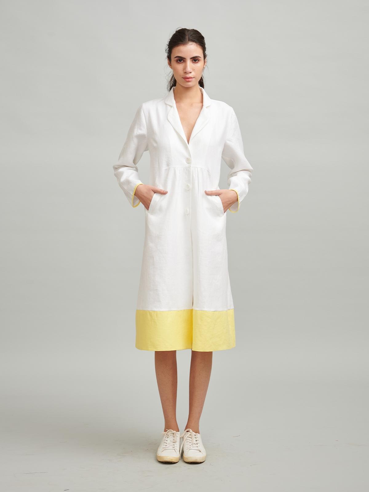 Linen Color Block Midi Dress - White