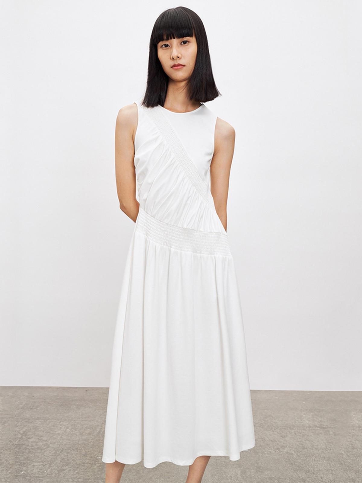 Side Ruched Sleeveless Dress - White