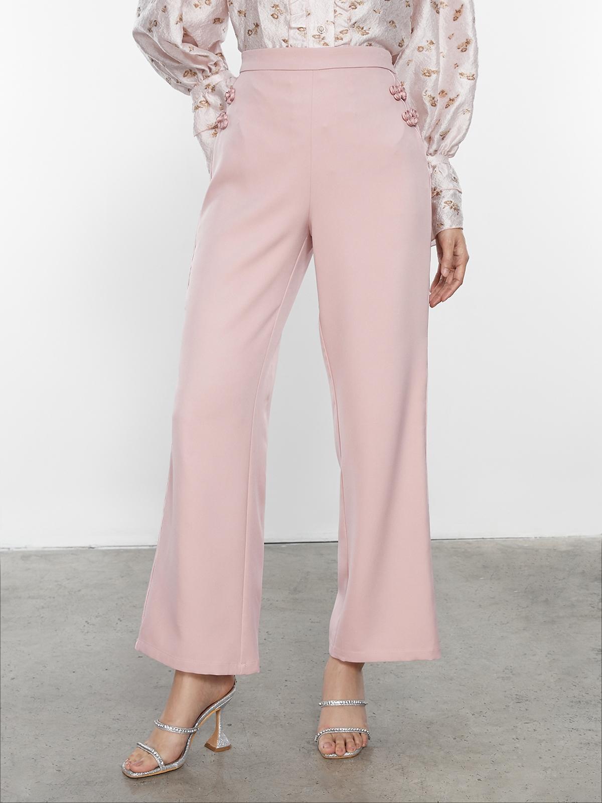 High-Waisted Cheongsam Buttoned Pants - Pink High-Waisted Cheongsam Buttoned Pants - Pink