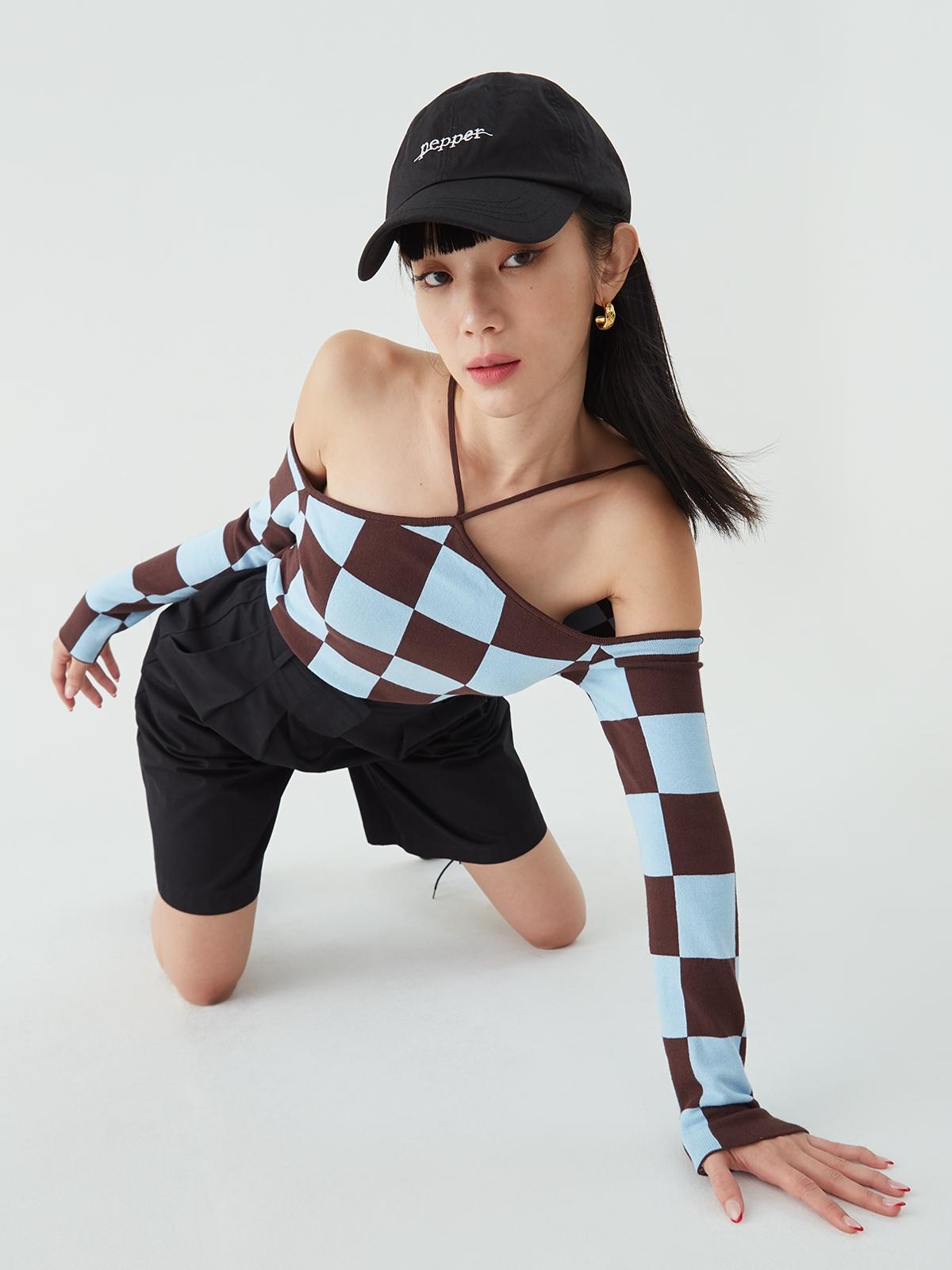 Checkered Cold Shoulder Top - Brown