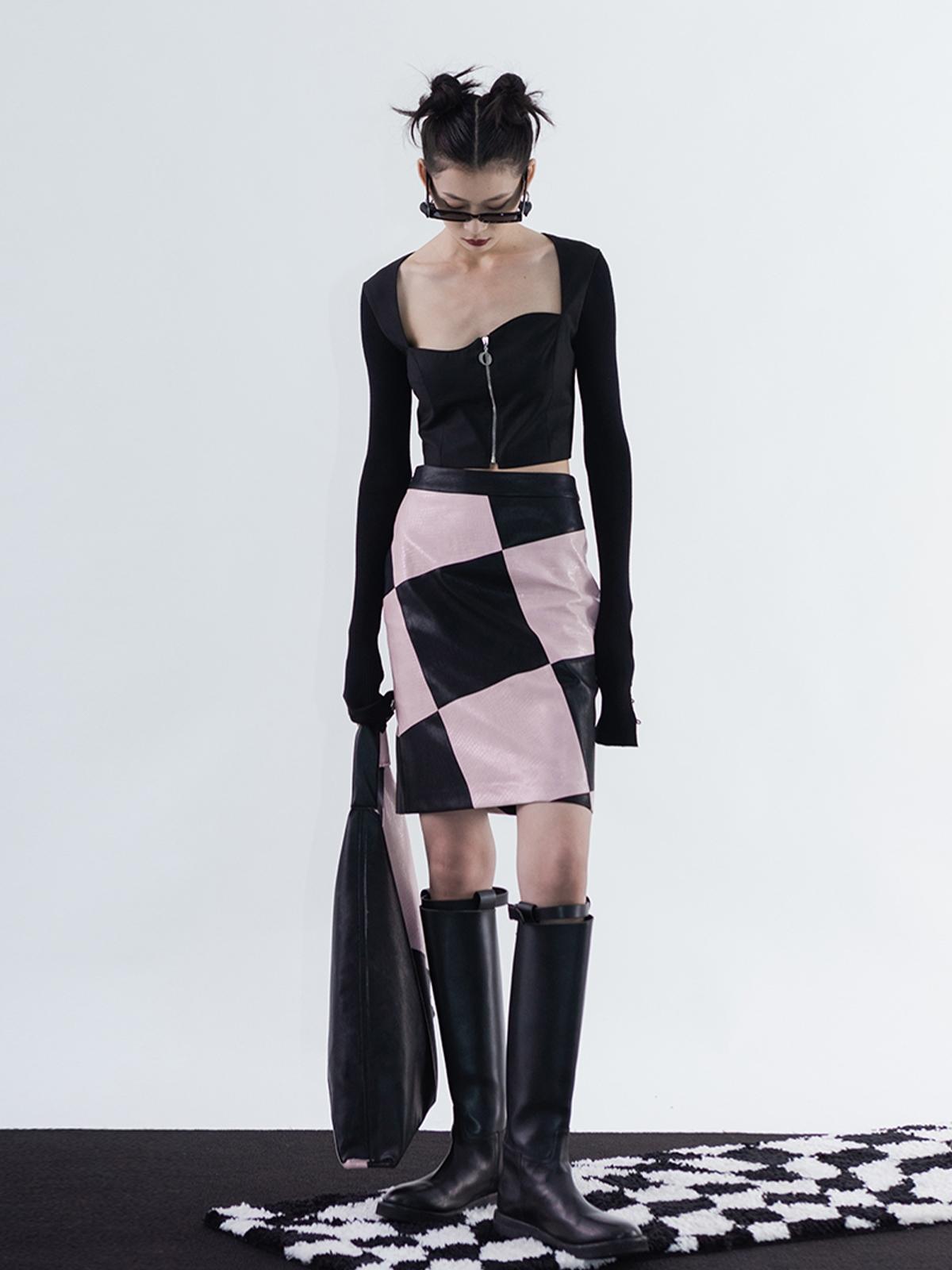 Checkerboard Panelled Skirt - Black/Pink
