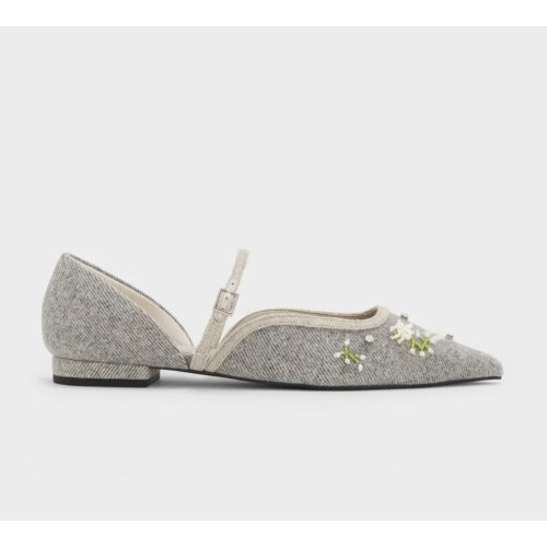 Twill Bead-Flower Pointed-Toe D'Orsay Mary Jane Flats - Grey