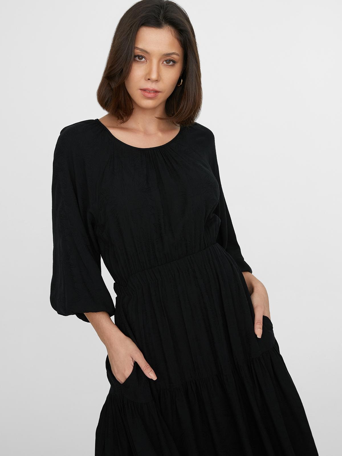 Long Sleeve Cinched Waist Dress - Black