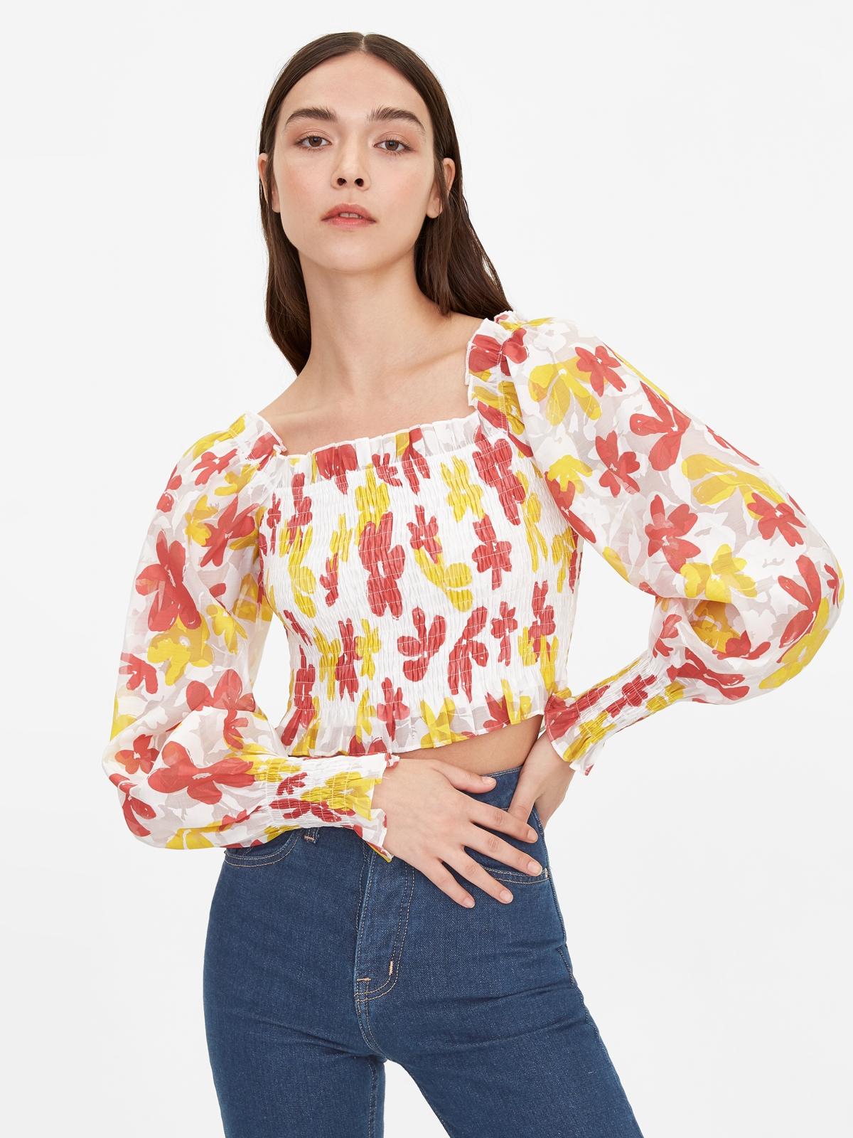 Floral Smock Bishop Crop Top - Yellow