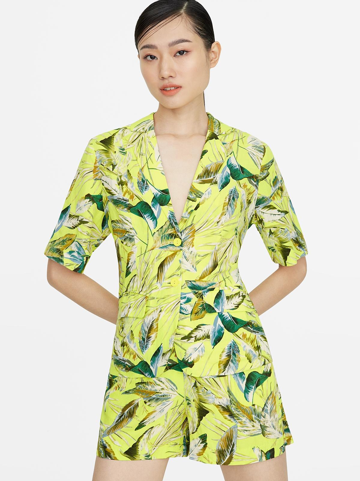 Leaf Print Blazer - Yellow