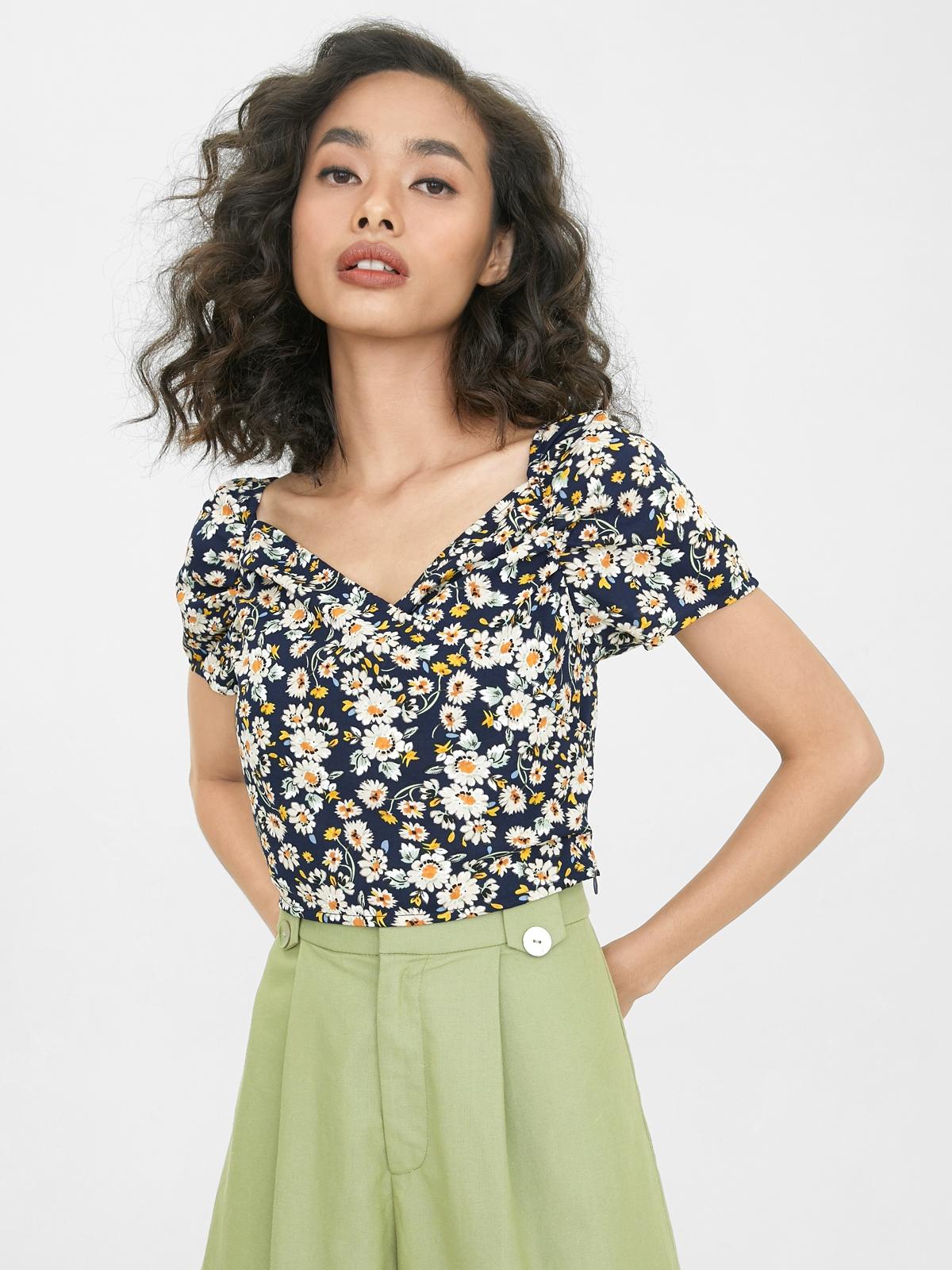 Cropped Surplice Neck Floral Top - Navy