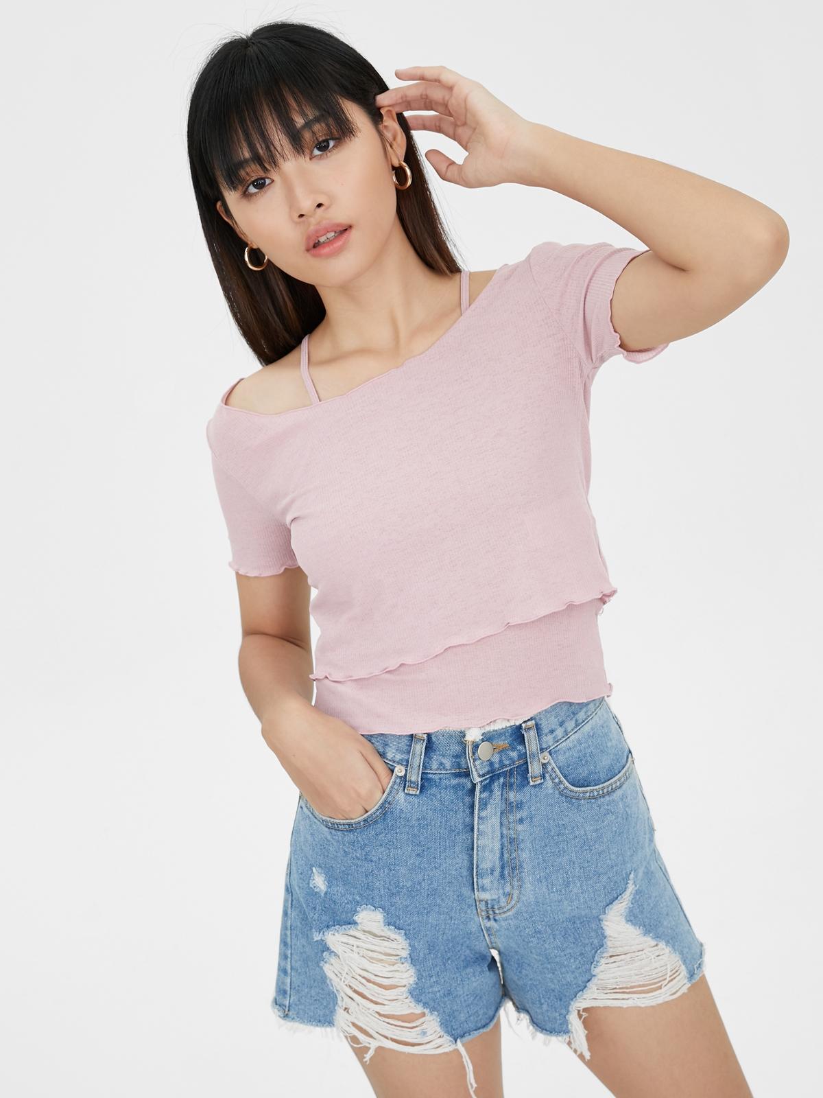 Layered Off Shoulder Strap Top - Pink
