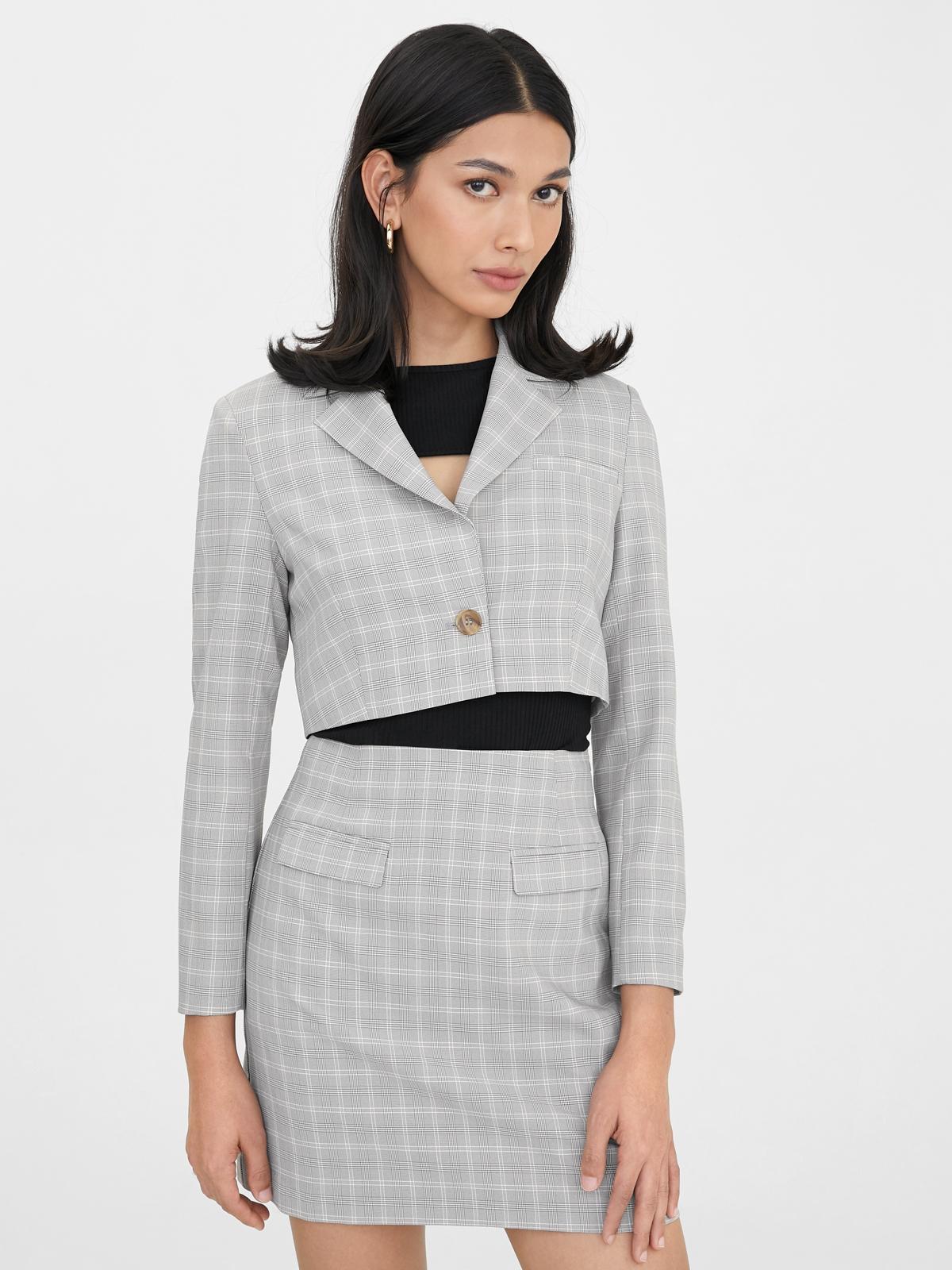 Plaid Buttoned Crop Blazer - Dark Grey