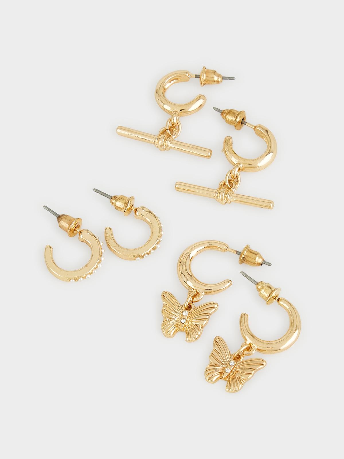 Set of 3 Open Hoop With Charm Earring - Gold