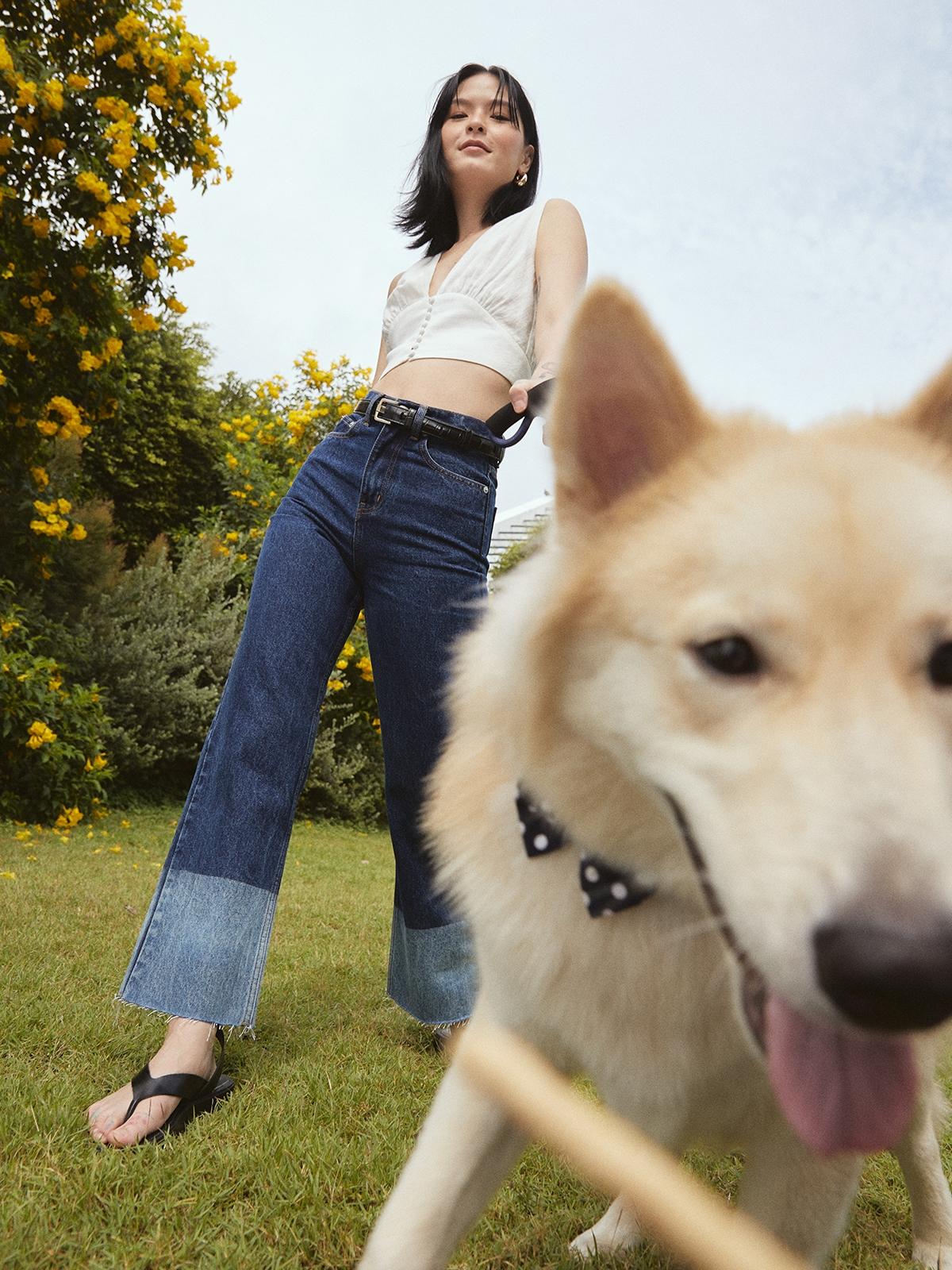 Two Tone Frayed Hem Denim - Blue