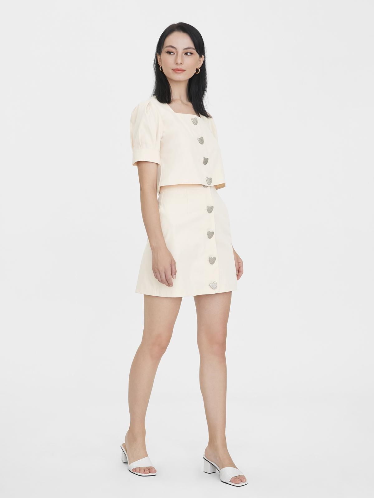 Front Heart Shaped Button Skirt - Cream