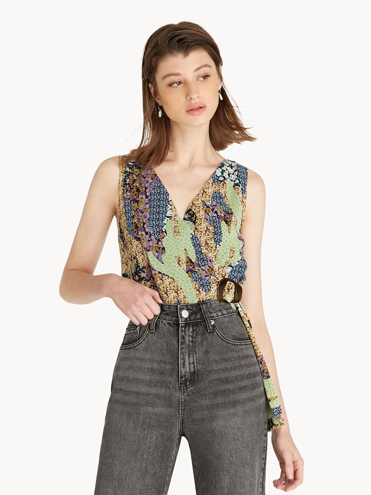 Floral Tie Waist Bodysuit - Green