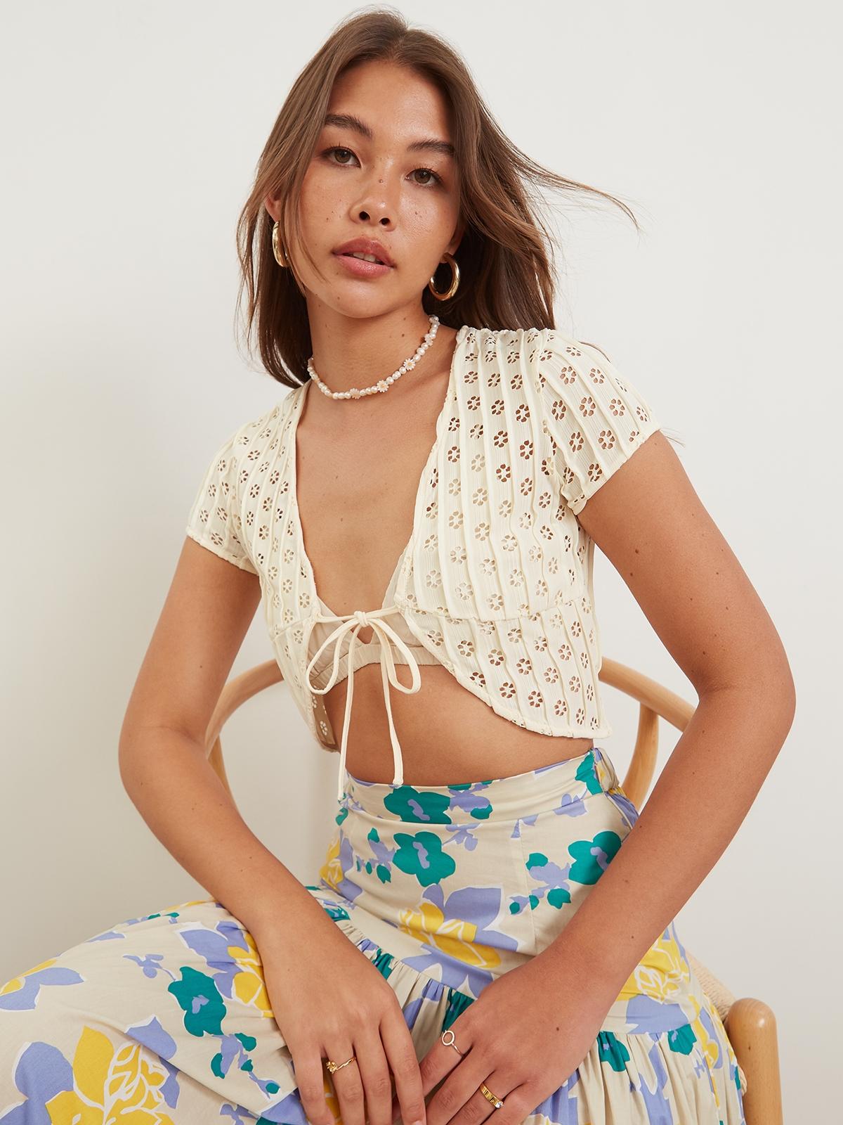 Eyelet Tie Front Crop Top - Cream