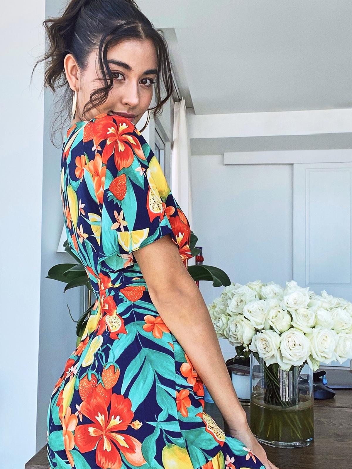 Ruffled Flare Sleeves Fruit Print Romper - Navy