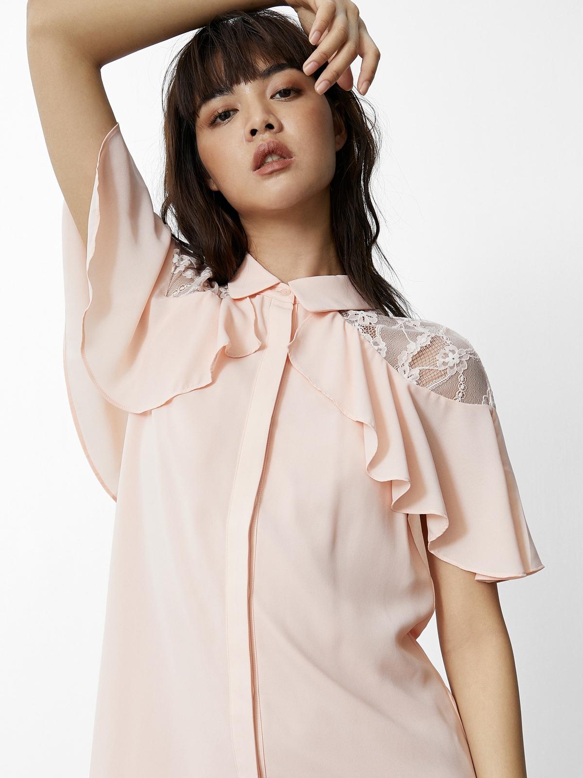 Floral Lace Cape Shoulder Shirt Dress - Pink