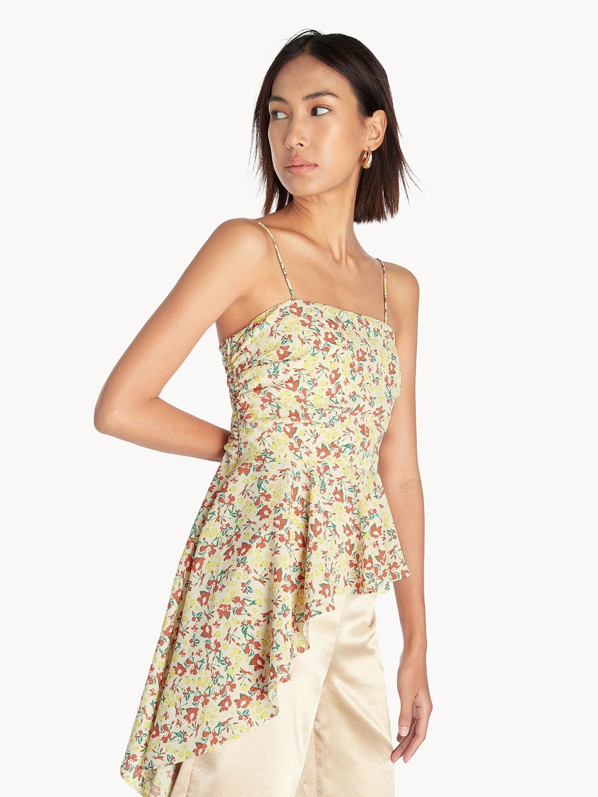 Asymmetrical Side Ruffle Floral Tank Top - Cream