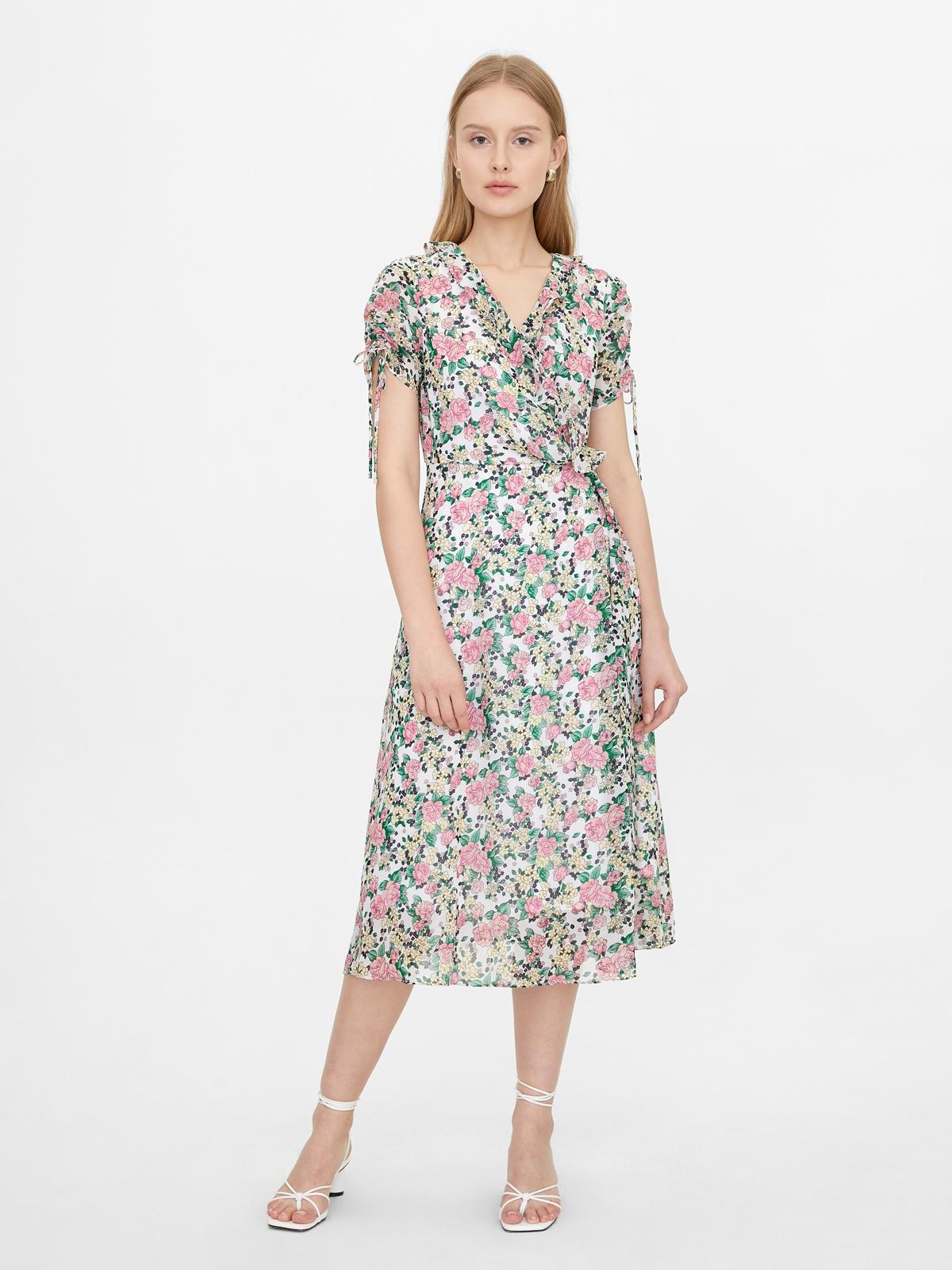 Ruched Sleeve Ruffle Floral Dress - White