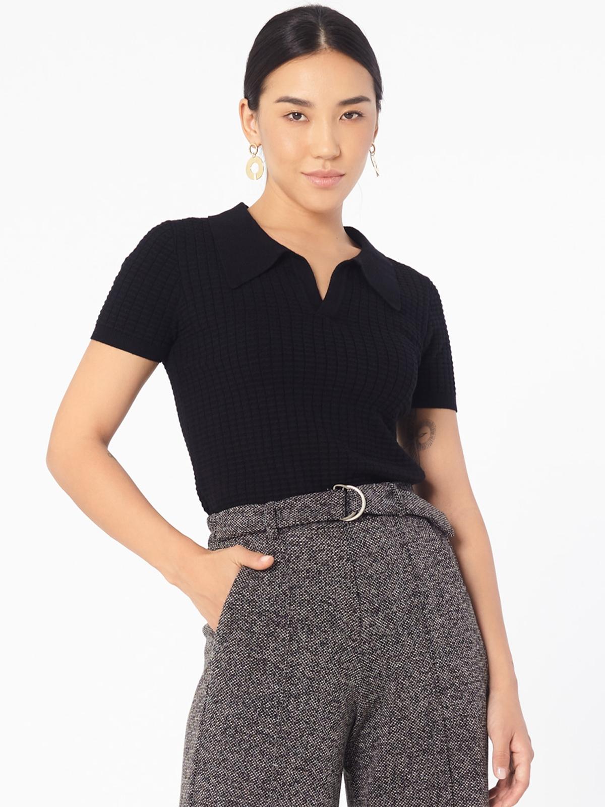 Polo Collared Top With Short Sleeves - Black