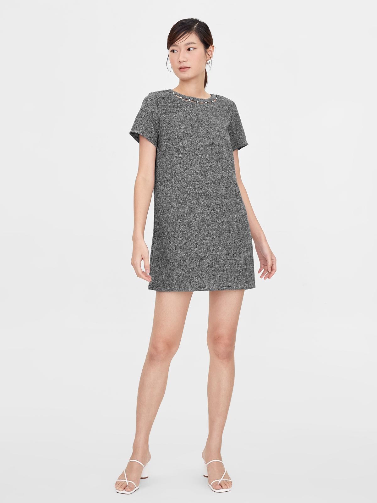 Mini Tweed Pearl Accent Dress - Black