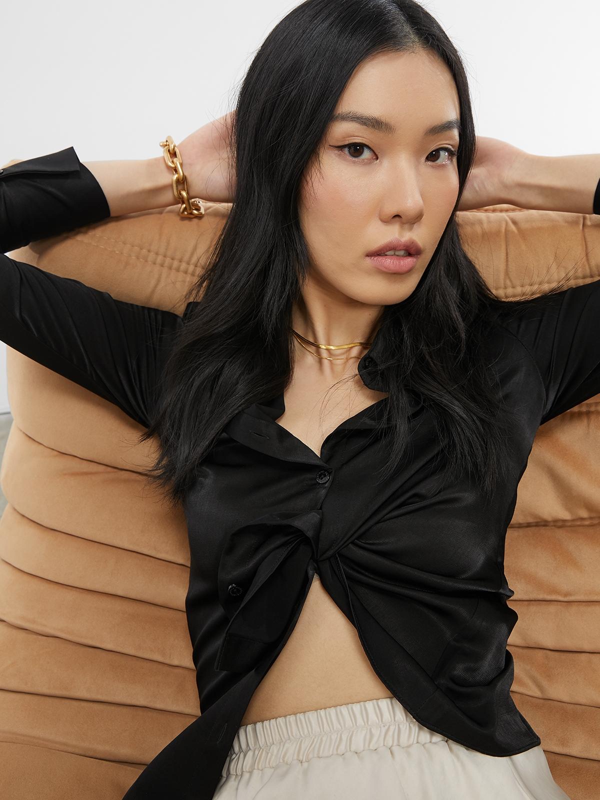 Pomelo + Pantone Sustainable Lapel Collar Long Sleeve Shirt - Black