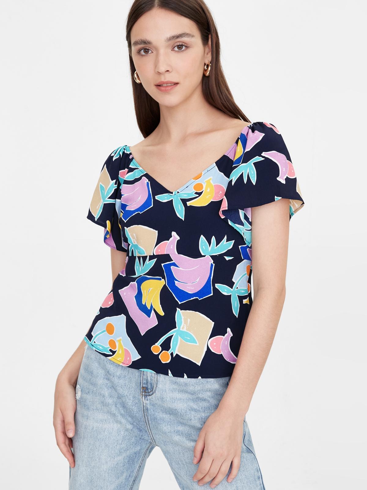 Fruit Print Flared V Neck Top - Navy