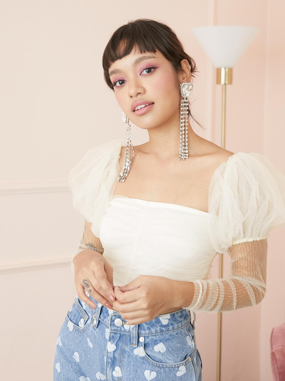 Sheer Mesh Puffed Sleeves Top - Cream